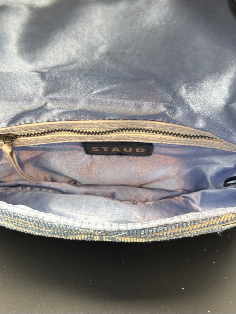 STAUD Tommy Beaded Shoulder Bag - Blue & White - Interior Strap is Peeling Some - Picture 7 of 13